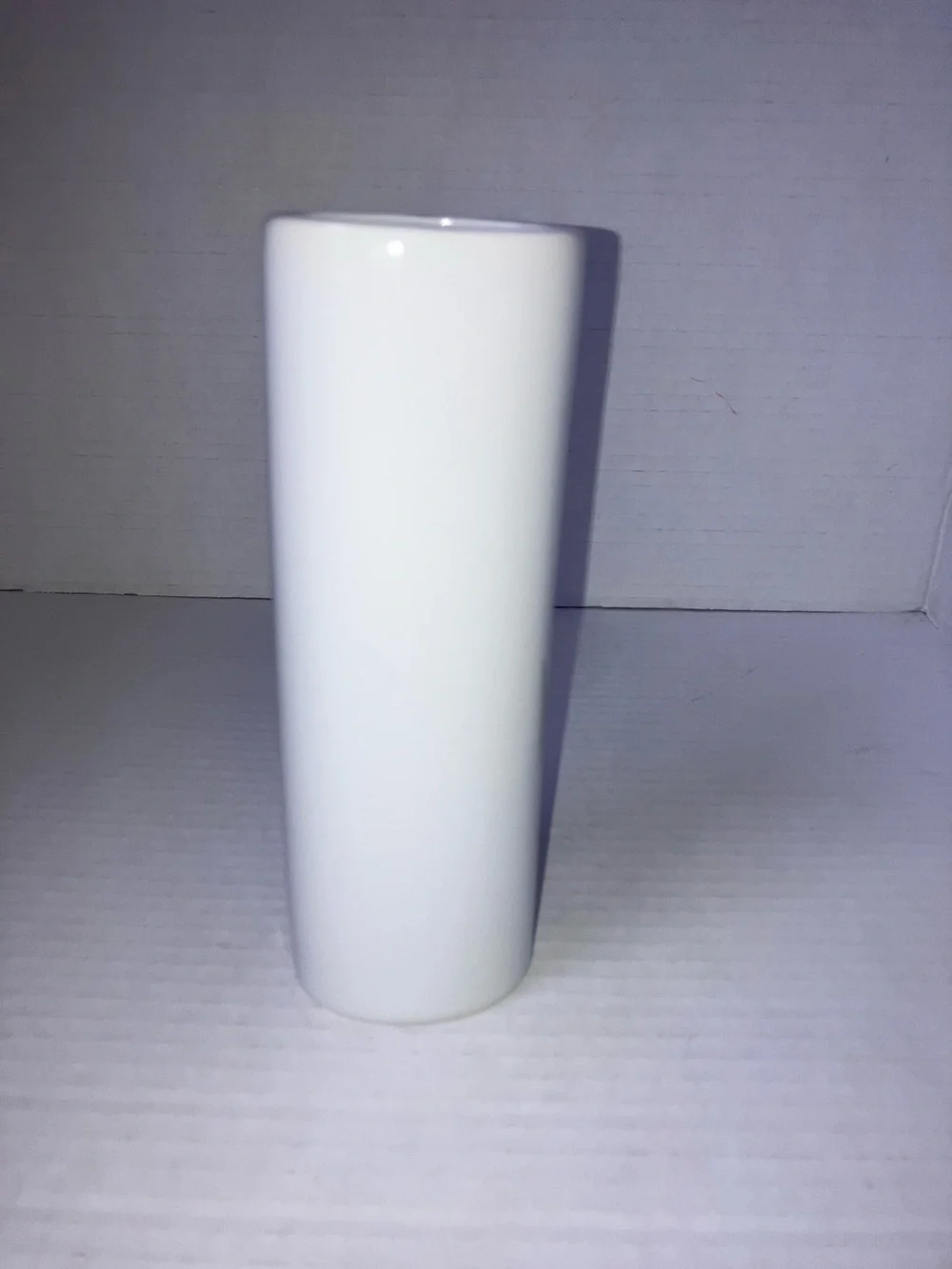 White Ceramic Tulip Vase  7” with Pastel Pink, Yellow, and Purple Flowers Vtg